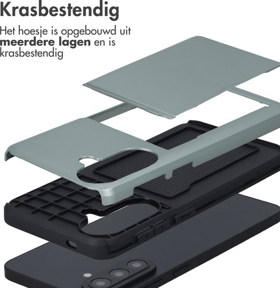 Explosie view van een groene telefoonhoes, die de meerdere lagen en krasbestendige constructie toont.