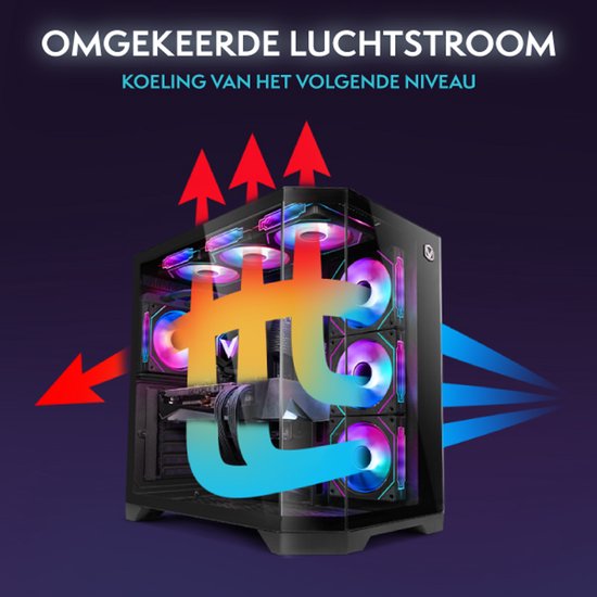 Illustratie van omgekeerde luchtstroom in een gaming pc met RGB-verlichting.