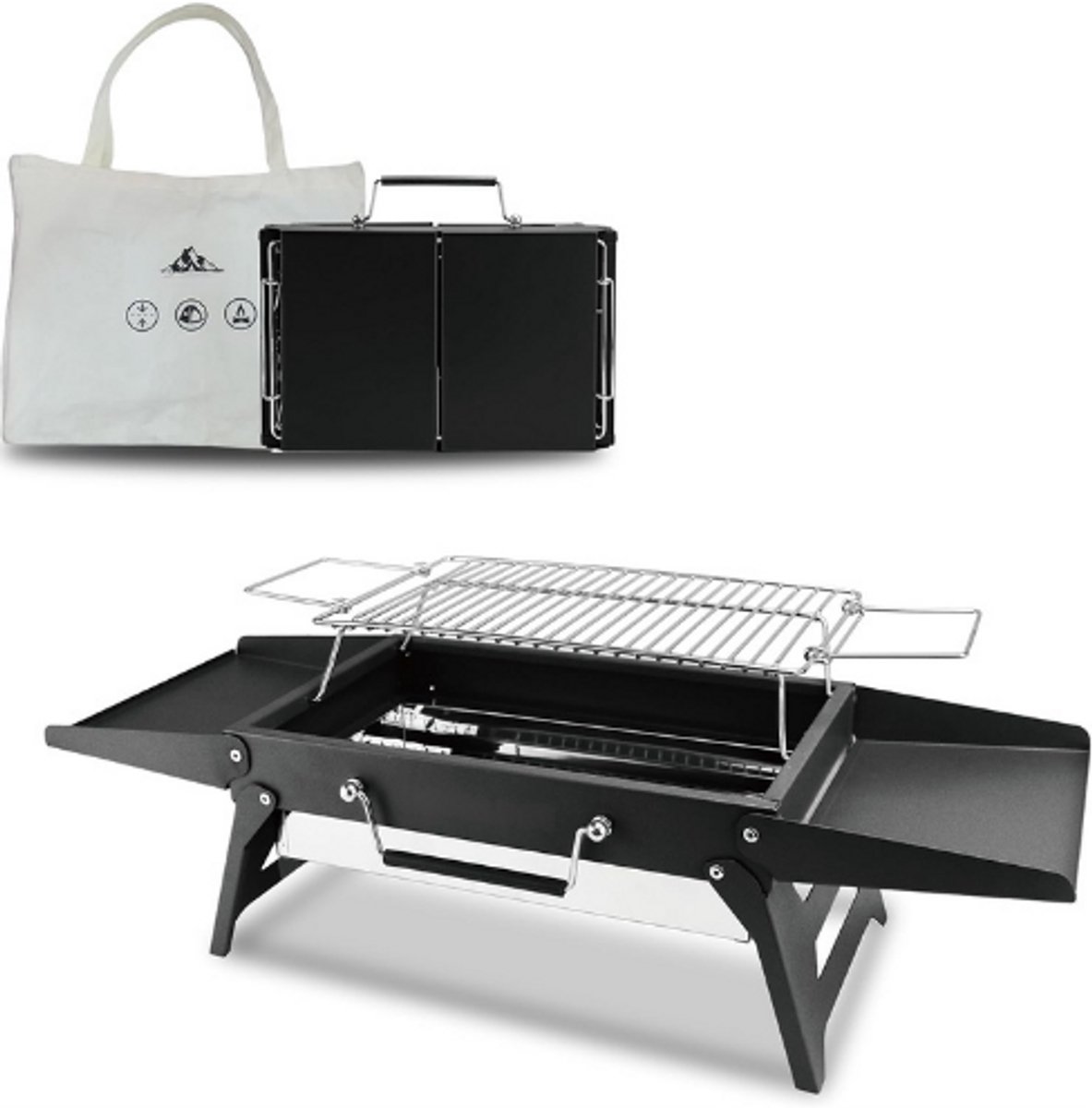 34 x 23 cm opvouwbare draagbare houtskoolgrill, kleine campinggrill voor 1-3 personen, BBQ grill voor buiten, geschikt voor tuinen, stranden, gazons en tafelbladen, Zwart