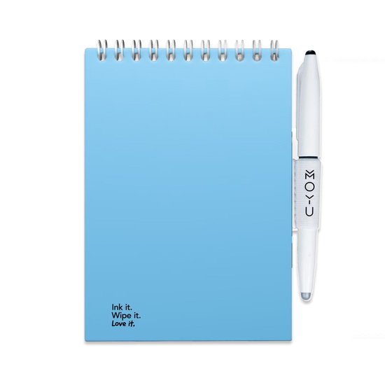 Bloc-notes bleu ciel à spirale. Comprend le texte 'Ink it. Wipe it. Love it.'. Un stylo blanc est attaché.
