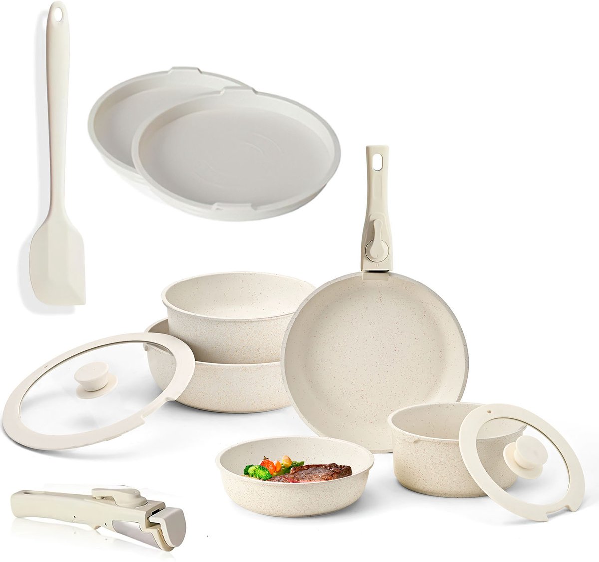 Pannenset 12-delig – Crème Wit Kookset met Afneembare Handgrepen – Koekenpannen 20/25 cm & Steelpannen 17/20 cm – Inductie Geschikt