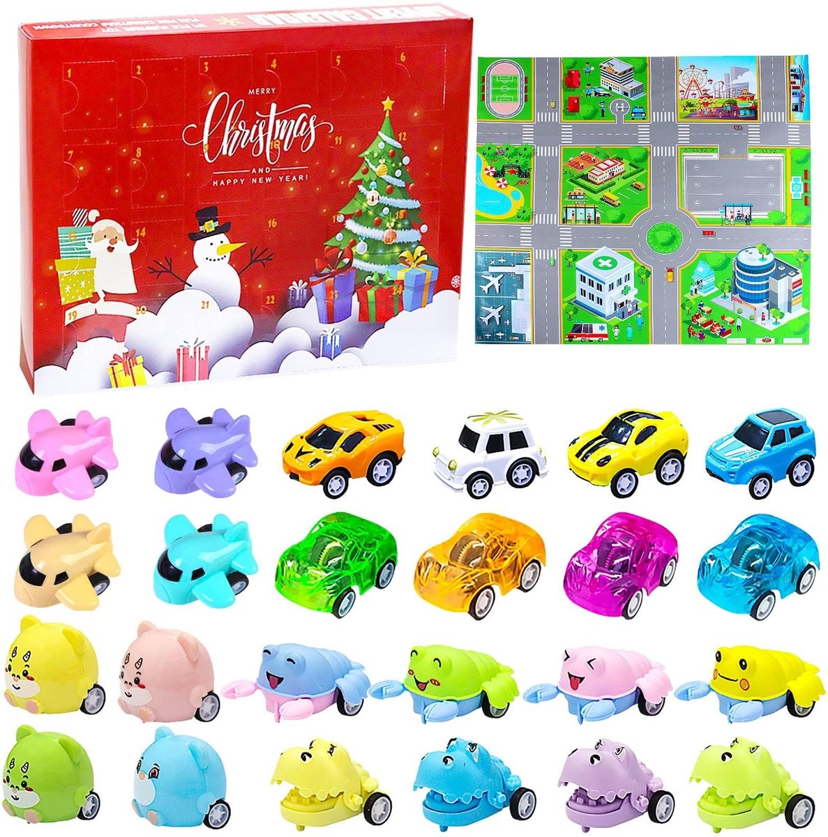 Vlemico - Kerstadventskalender speelgoed - 24 stuks - Speelgoedauto's en dieren - Aftelkalender - Verkeerscènekaart als cadeau - Geschikt voor kind...