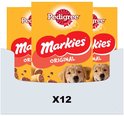 Doos met 12 verpakkingen Pedigree Markies Original hondenkoekjes met afbeeldingen van Golden Retrievers.
