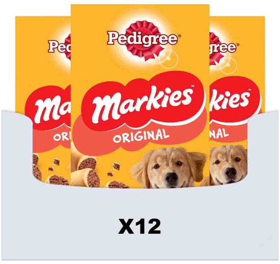 Doos met 12 verpakkingen Pedigree Markies Original hondenkoekjes met afbeeldingen van Golden Retrievers.