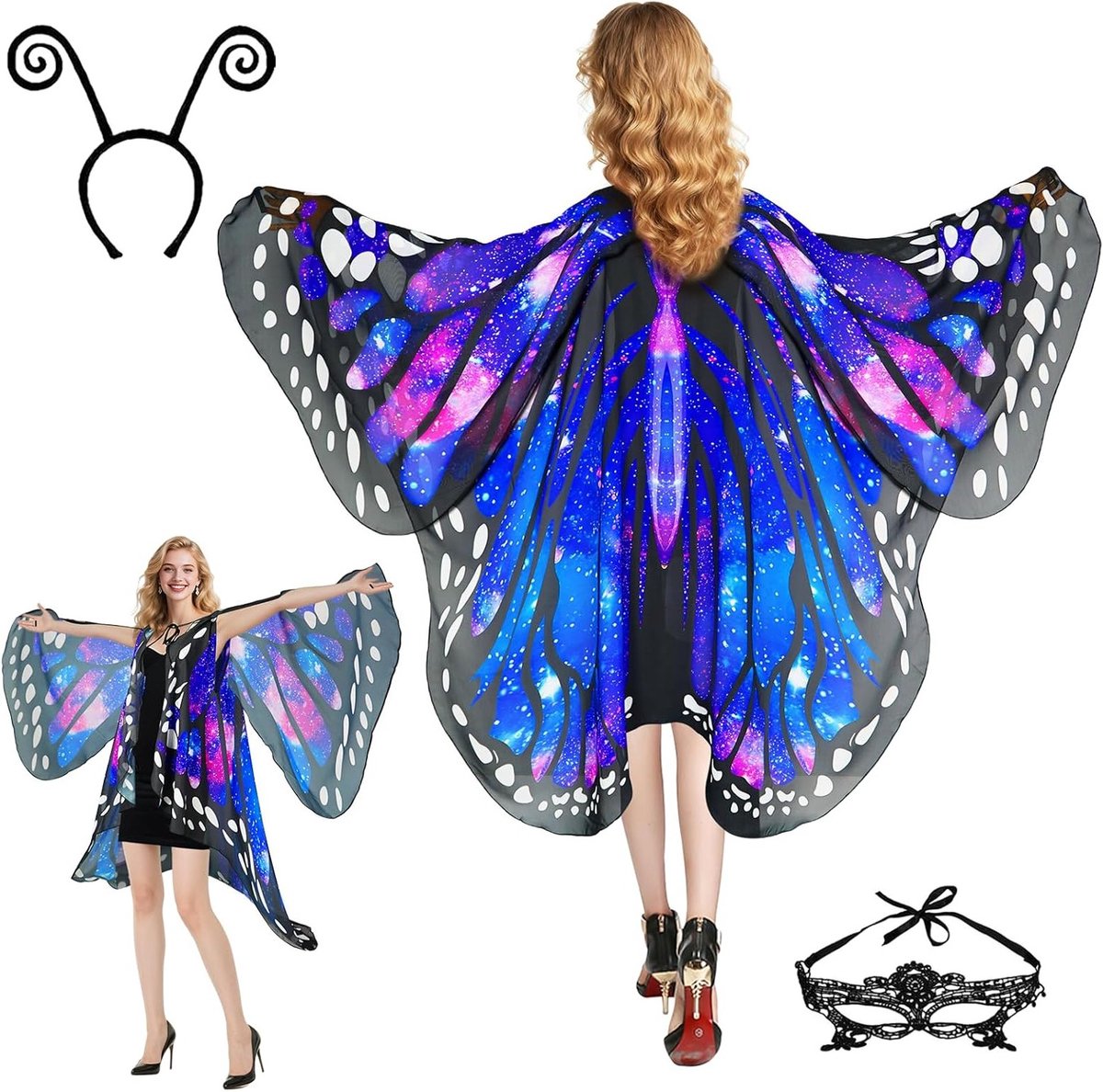 Vrouwelijk Vlinder Kostuum met Vleugels en Masker voor Carnaval - 3-delig Accessoireset voor Feestelijke Kleding