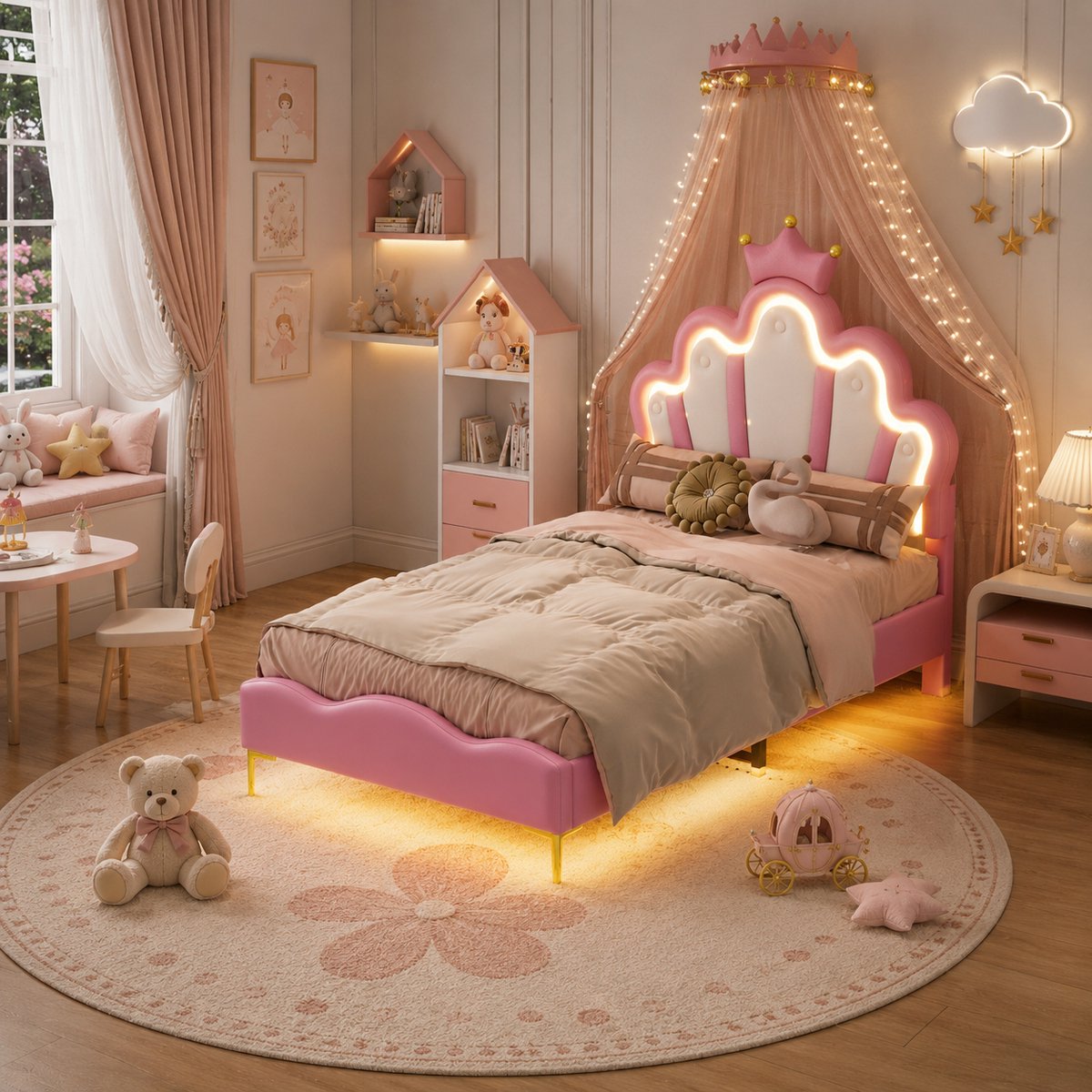 MEXUS Gestoffeerd eenpersoonsbed 90x190cm met LED-verlichting, kinderbed, tienerbed, metalen frame, lattenbodem, eenpersoonsbed, Roze, PU-leer