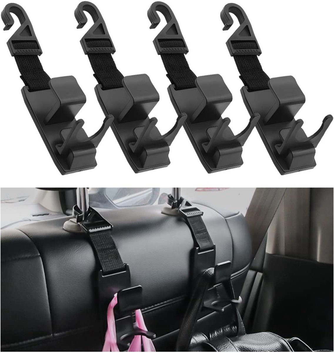 Dailygoods - Auto Hoofdsteun Haak - 360° Rotatie - Ruimtebesparend Ontwerp - Universele Opbergaccessoires - Voor Achterbank - Set van 4