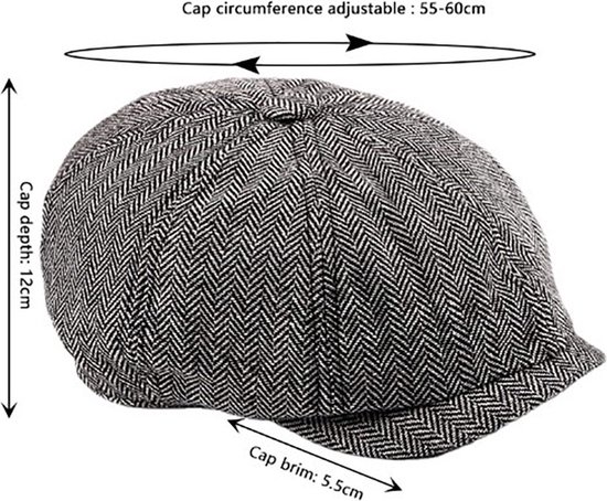 Heren pet met visgraatpatroon. Breedte 55-60 cm, diepte 12 cm, klep 5.5 cm.