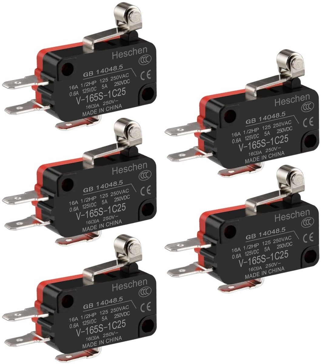 Dailygoods - Micro Switch - 16A 250VAC - Rood - Roller Lever - Betrouwbare prestaties - Geschikt voor panelen - 5 stuks