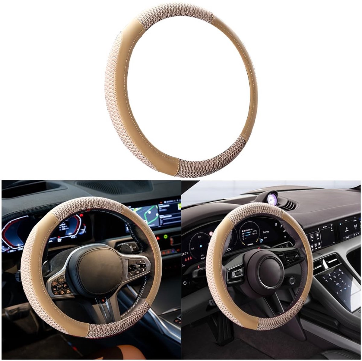 Dailygoods - Autostuurhoes - Microvezel-leer - Antislip en ademend - Beige - Duurzaam en beschermend - Geschikt voor alle auto’s - Universel