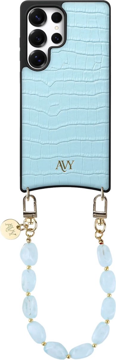 AVY Leren Hoesje Geschikt voor Samsung Galaxy S25 Ultra | Compatibel met MagSafe | Leather Case met Telefoonkoord | Polsband | Croco Blauw | Rocher Blue