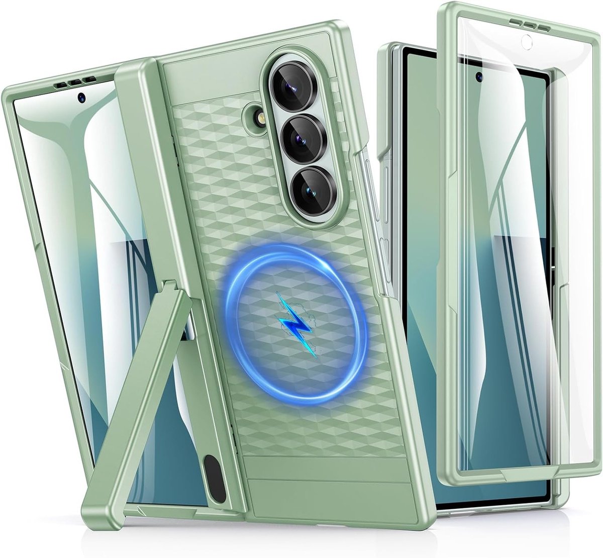 Slim Fit Shockproof Beschermcase voor Galaxy Z Fold 7 met Kickstand en Voorste Schermbeschermer, Draadloos Opladen Ondersteuning, Groene Kleur