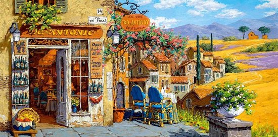Schilderij van een Italiaans dorp met bloeiende lavendel en een trattoria.