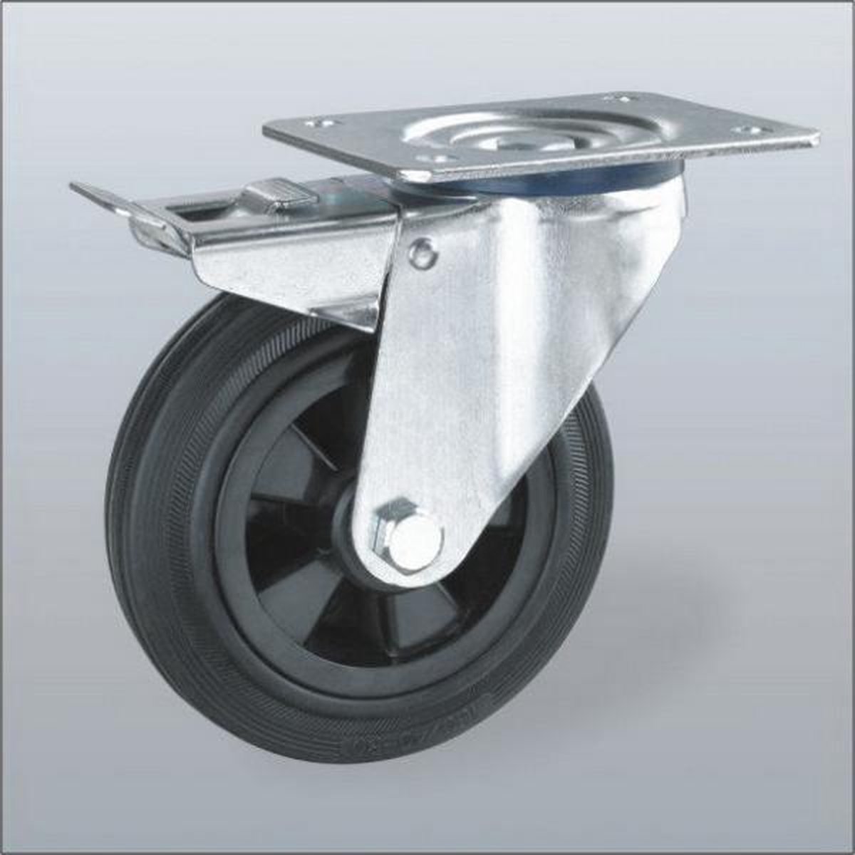 Rubber zwenkwiel geremd met topplaat - 125mm - 90kg