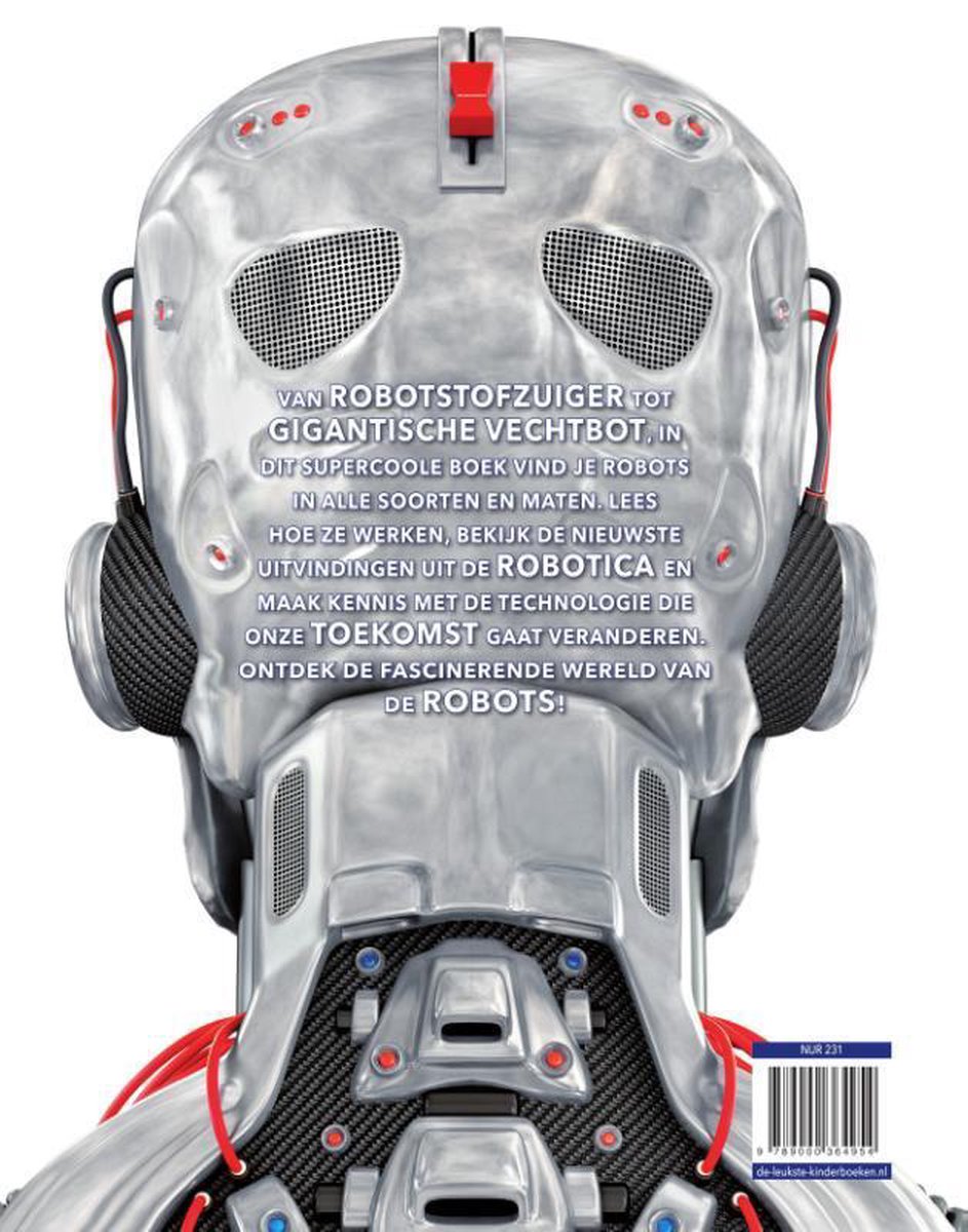 Zilverkleurige robot met mesh ogen en koolstofvezel details.