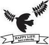 Houten stempel Vogel Happy Life vierkant 3 x 3 cm - LeuksteWinkeltje