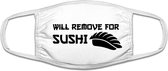 Sushi mondkapje | grappig | gezichtsmasker | bescherming | bedrukt | logo | Wit mondmasker van katoen, uitwasbaar & herbruikbaar. Geschikt voor OV