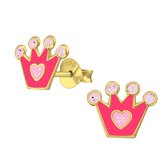 Oorbellen meisje | Kinderoorbellen meisje zilver | Gold plated oorstekers, roze kroon met roze glitterbolletjes en hartje | WeLoveSilver