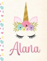 Alana: Personalized Unicorn Primary Handwriting Notebook For Girls With Pink Name - Dotted Midline Handwriting Practice Paper