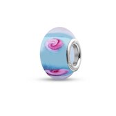 Quiges - Glazen - Kraal - Bedels - Beads Blauw Transparant met Roze Rozen Past op alle bekende merken armband NG2015