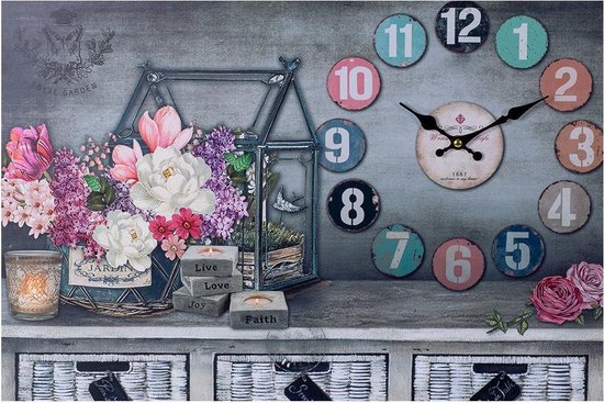 XL toile Peinture murale Horloge Horloge GardenHouse BOUGIES & FLOWERS avec Klok - Klok murale rurale / Brocantes - Toile Horloges murales en toile avec Klok - Cuisine Horloge - Horloge murale Klok murale - Dim. 60 x 40 Cm - Decopatent®