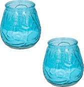 Set van 2x stuks Citronella lowboy tuin kaarsen in blauw glas 10 cm - Anti muggen/insecten artikelen