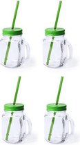 6x stuks Glazen Mason Jar drinkbekers groene dop en rietje 500 ml - afsluitbaar/niet lekken/fruit shakes