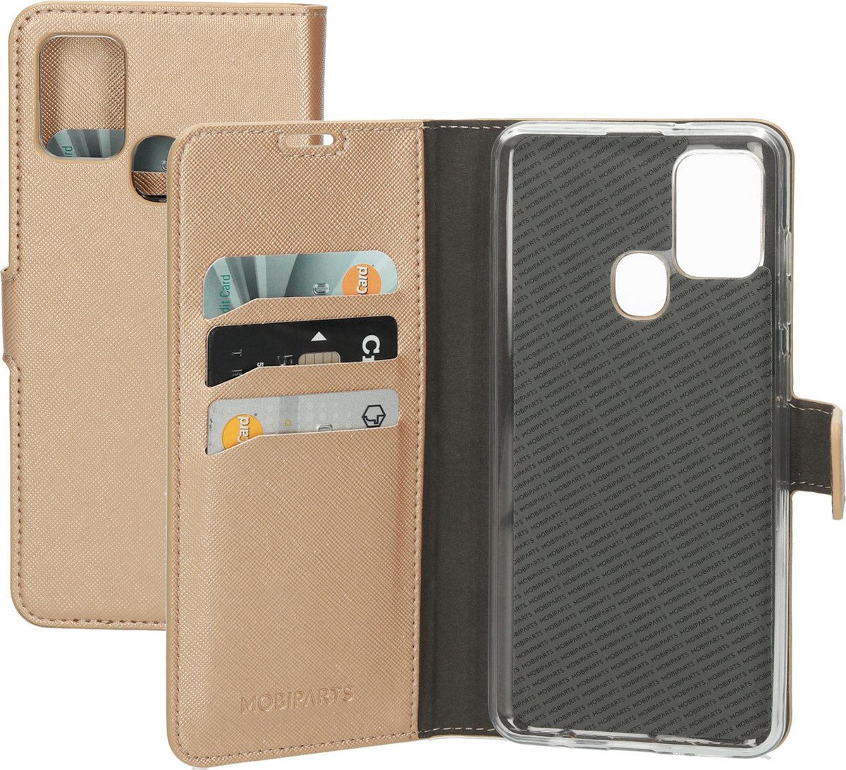 Samsung Galaxy A21s Hoesje - Saffiano Wallet/Portemonnee hoesje - Magneet Sluiting - 3 Opbergvakken - Koper - Mobiparts