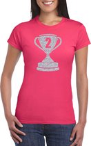 Zilveren kampioens beker / nummer 2 t-shirt / kleding - roze - voor dames - NR.2 - kampioens shirts / winnaars / outfit 2XL