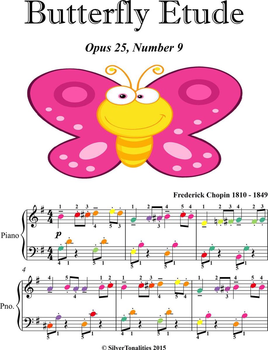 Butterfly Etude Opus 25 Number 9 Easy Piano Sheet Music with Colored Notes - Frederick Chopin