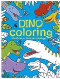Een kleurboek met de titel 'DINO coloring' met vrolijke illustraties van verschillende dinosauriërs, waaronder een paarse Triceratops, een groene Stegosaurus, een witte Tyrannosaurus Rex en een blauwe Brachiosaurus.