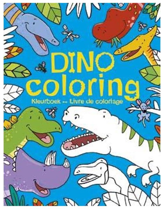 Een kleurboek met de titel 'DINO coloring' met vrolijke illustraties van verschillende dinosauriërs, waaronder een paarse Triceratops, een groene Stegosaurus, een witte Tyrannosaurus Rex en een blauwe Brachiosaurus.
