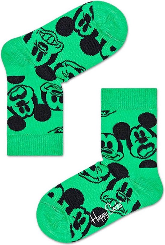 Groene sokken met een patroon van zwarte Mickey Mouse gezichten. Happy Socks logo op de zool.