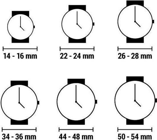 Illustratie van zes horlogekasten met banden in verschillende maten, van 14-16 mm tot 50-54 mm.