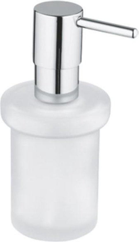 Zeepdispenser met matglazen reservoir en chroom pompassemblage.