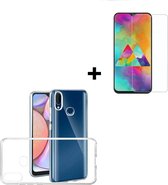 Geschikt voor Samsung Galaxy A10s Hoes Cover TPU Siliconen Hoesje Transparant + Screenprotector Tempered Gehard Glas Pearlycase
