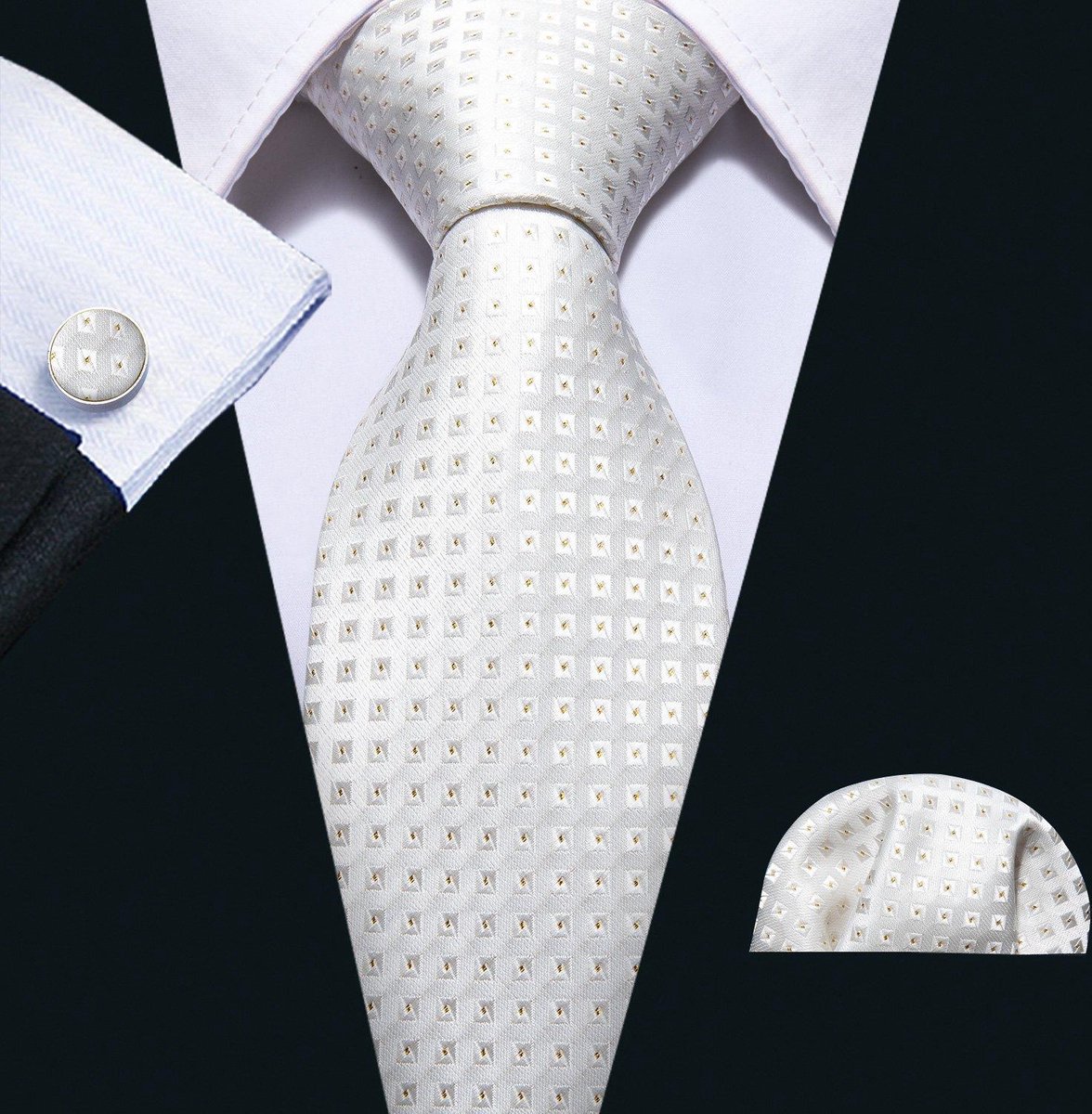 Ensemble cravate, pochette et bouton de manchette à carreaux ivoire |  bol.com