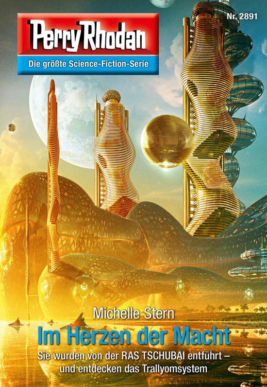 Perry Rhodan Nr. 2891: Im Herzen der Macht, futuristische steden met gouden, kronkelende gebouwen.