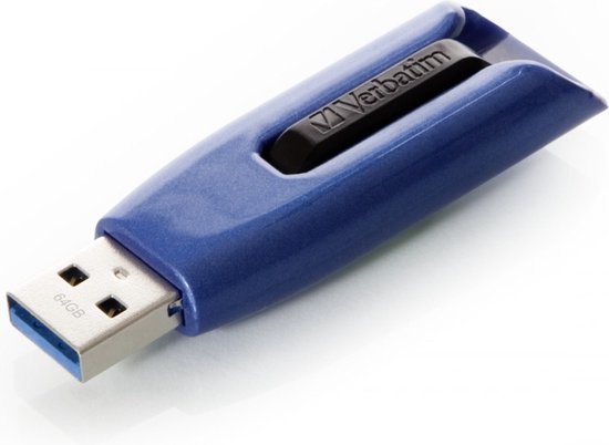 Een blauwe Verbatim V3 MAX USB-stick met 64GB.