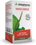 Arkocaps Weegbree doos met groene bladeren en tekst 'Als pollen in de lucht zijn'.