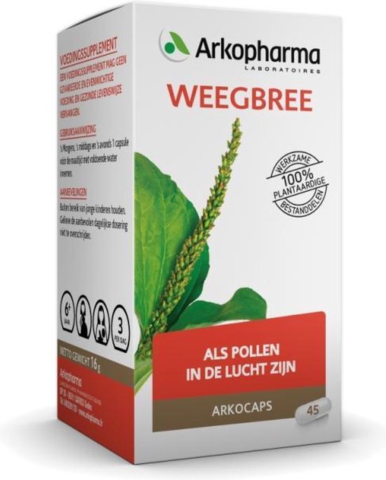 Arkocaps Weegbree doos met groene bladeren en tekst 'Als pollen in de lucht zijn'.