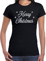 Foute Kerst t-shirt - Merry Christmas - zilver / glitter - zwart - dames - kerstkleding / kerst outfit XS