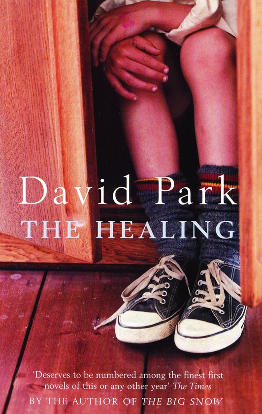 Boekomslag van 'The Healing' door David Park. Een kind met sneakers, sokken en een spijkerbroek zit met de benen over elkaar.