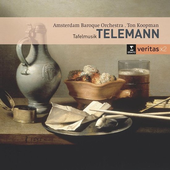 Schilderij van een stilleven met een kruik, een kom met fruit, een glas bier, en papieren op een tafel. Titel: Tafelmusik Telemann.