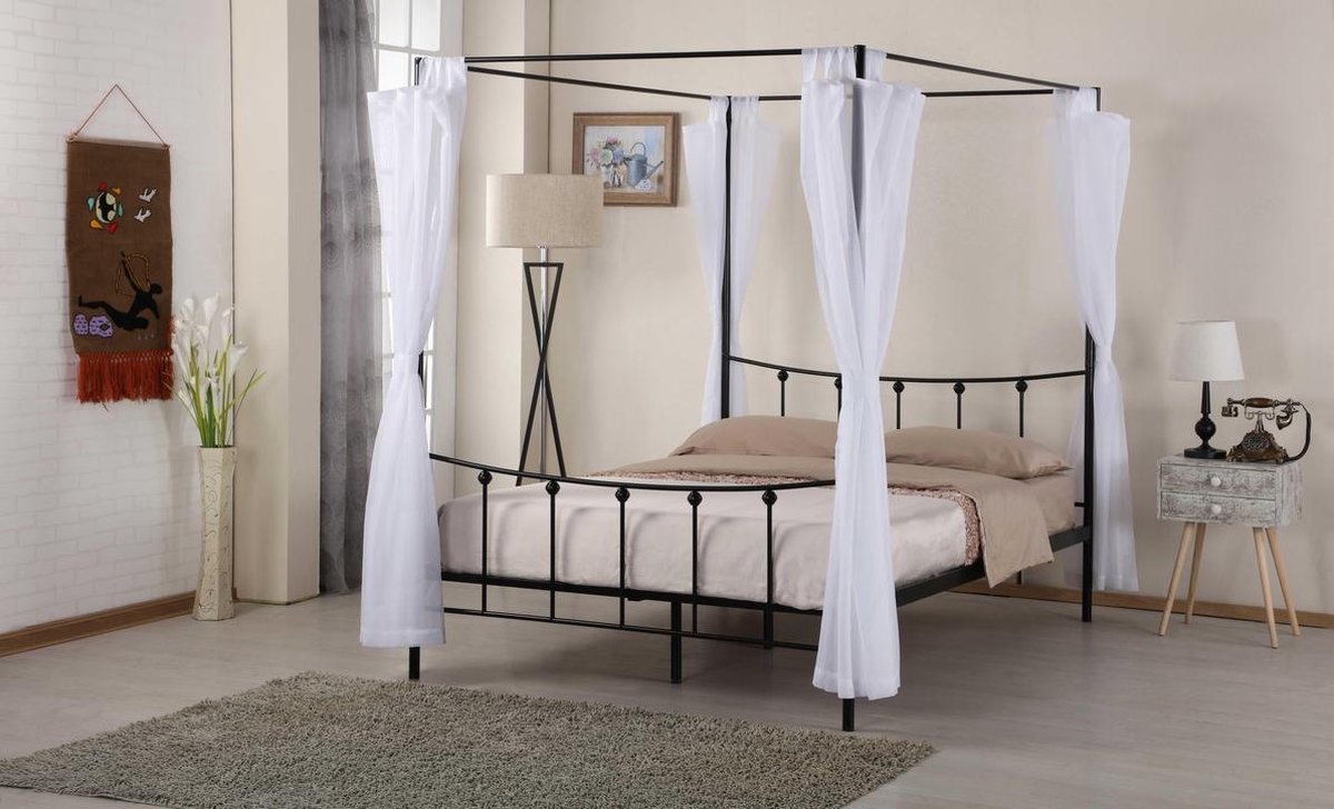 Hemelbed Amore metaal 140x200 - zwart - Poldimar - Tweepersoons bedkader - Zwart - Metaal Tweepersoons Normaal bed