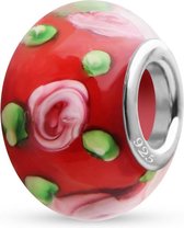 Quiges Glazen Kraal Bedel - Rood met Roze Rozen - 925 Zilver - GZ053