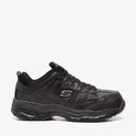 Zwarte Skechers werkschoen, zijaanzicht, met veters en verstevigde neus.