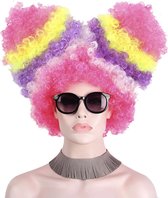 KIMU luxe suikerspin pruik regenboog roze neon afro staarten clown eenhoorn