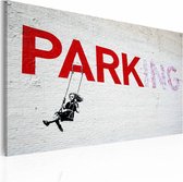 Schilderij - Parking (Banksy), wit/rood, 40x60cm , wanddecoratie , premium print op canvas