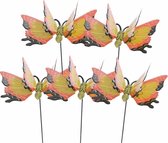 Set van 5 metalen vlinder geel/oranje 17 x 60 cm op steker - Tuindecoratie vlinders - Dierenbeelden